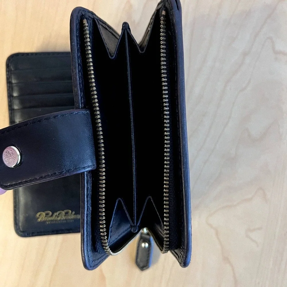 Vintage Brooks Brothers Men's Black Leather Tri Fold Wallet Zip Coin Pocket‎